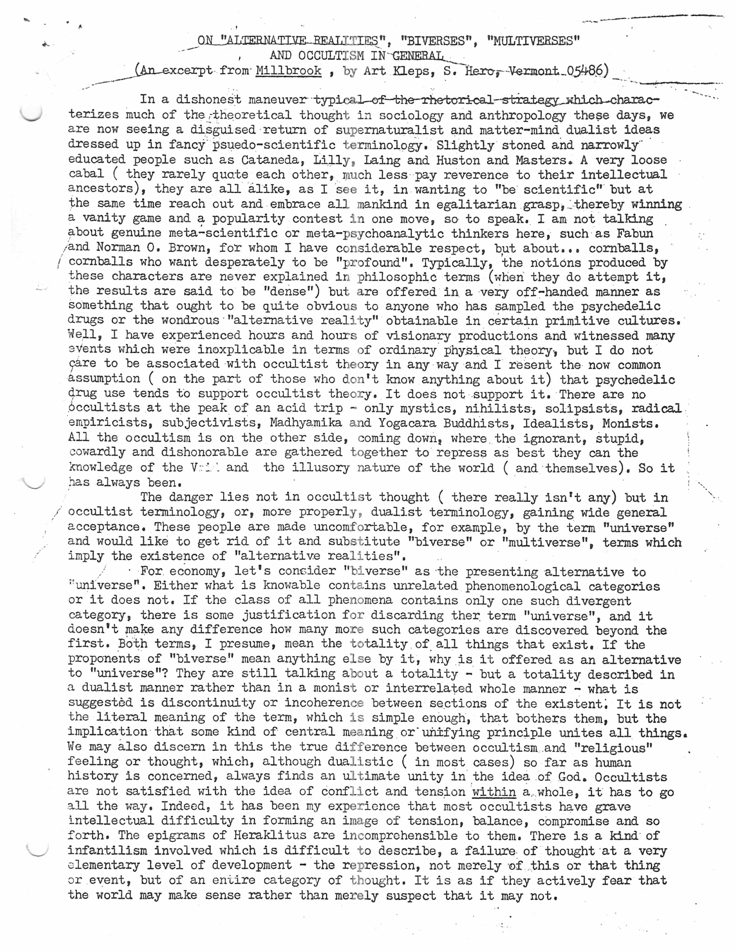 On “Alternative Realities”, “Biverses”, “Multiverses” and Occultism in General